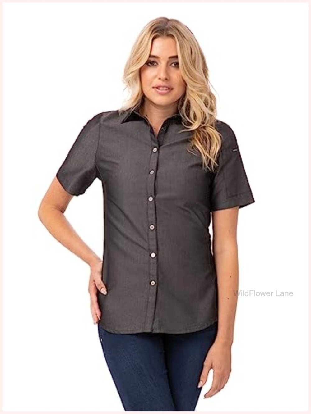 Women's Denim Chef Shirt Snap Front Short Sleeve Work Utility Top